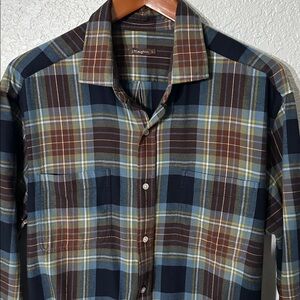 J. McLaughlin Men Plaid Shirt Blue Brown Flannel Cotton Button Down Size L